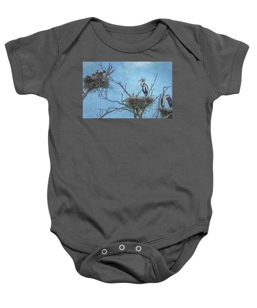 Blue Herons Baby Onesie featuring the photograph Blue Herons by Laura Terriere