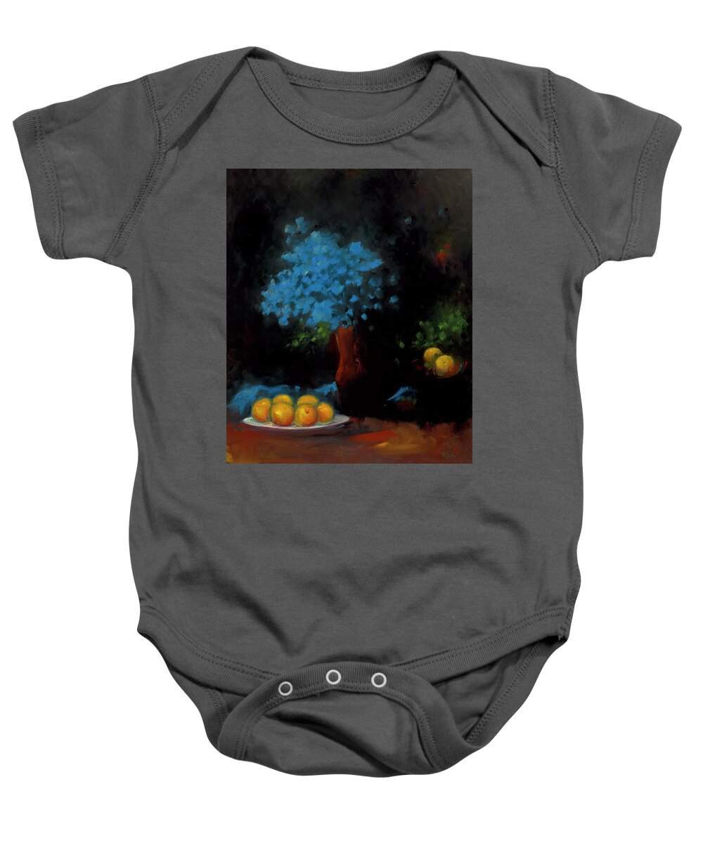 Flowers Baby Onesie featuring the painting Blue Petals and Peaches by Roger Clarke