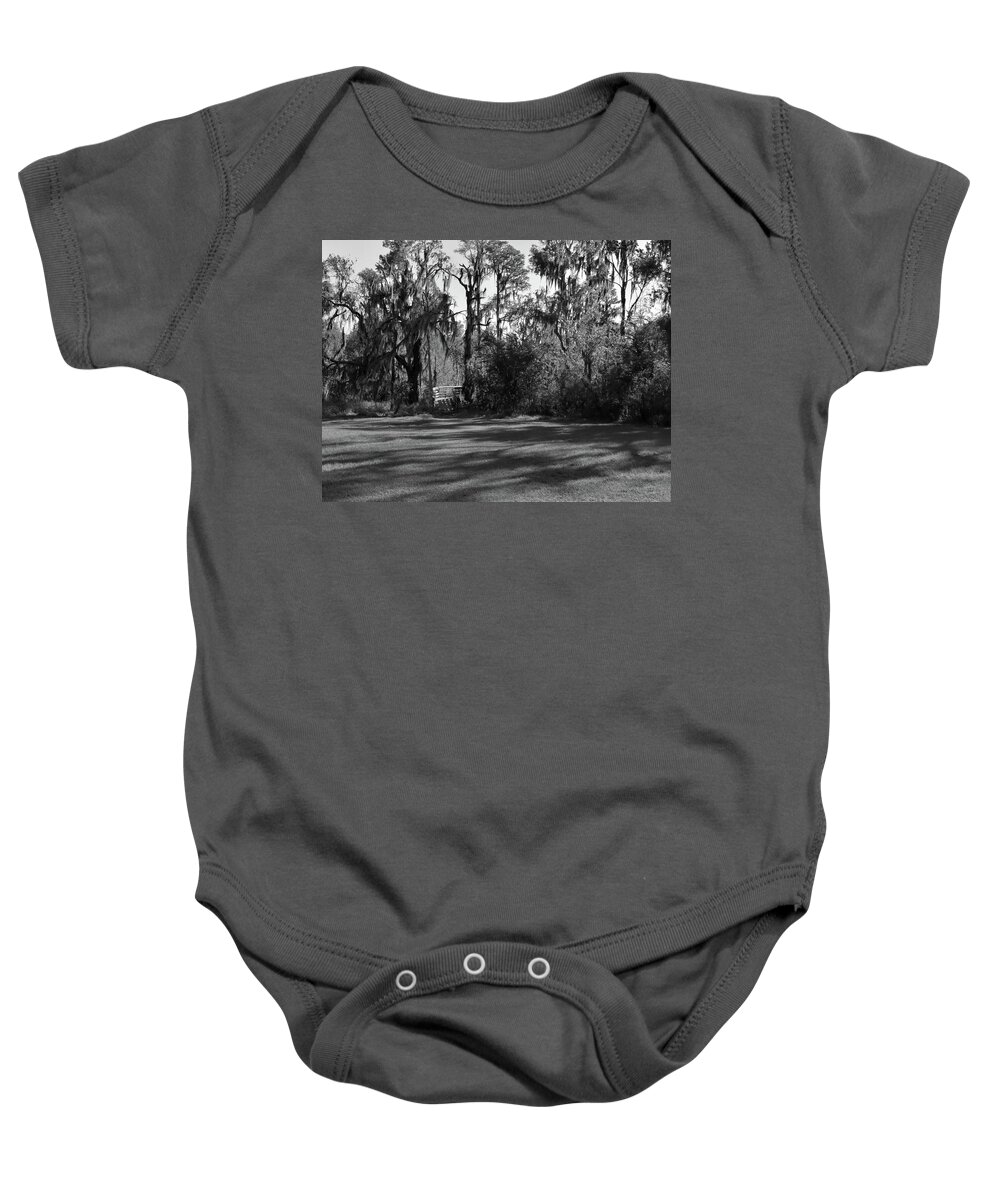 Art Baby Onesie featuring the photograph Boardwalk into the swamp Black And White by Christopher Mercer