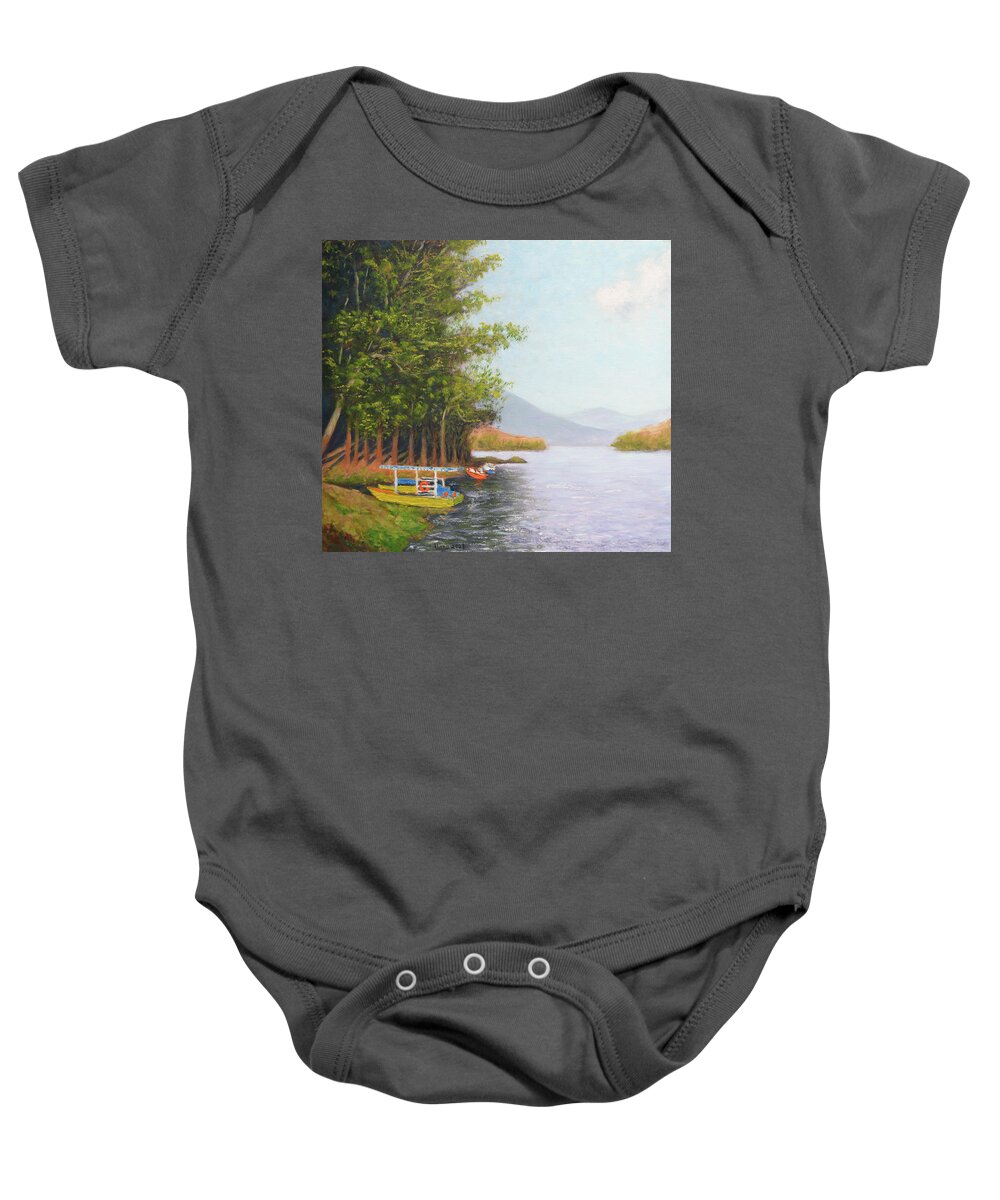 Boat In Munnar Baby Onesie featuring the painting Boat in Munnar by Uma Krishnamoorthy