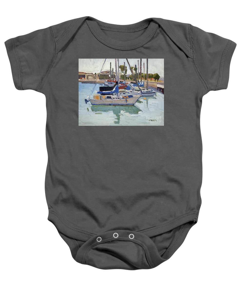 Boat Baby Onesie featuring the painting Boat Marina by U.S. Coast Guard Building - San Diego, California by Paul Strahm