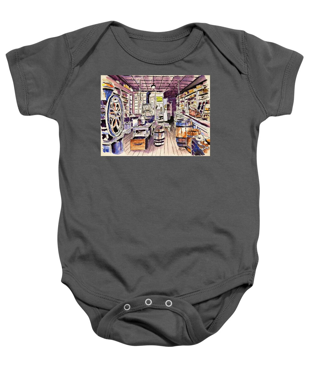 Bodie Baby Onesie featuring the drawing Bodie General Store by Mike Bergen