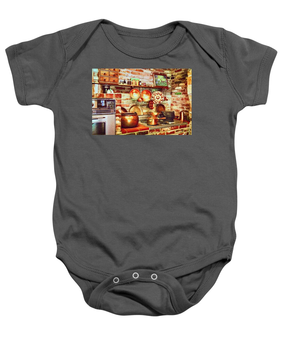 Bonnie Springs Baby Onesie featuring the mixed media Bonnie Springs Ranch Kitchen by Tatiana Travelways
