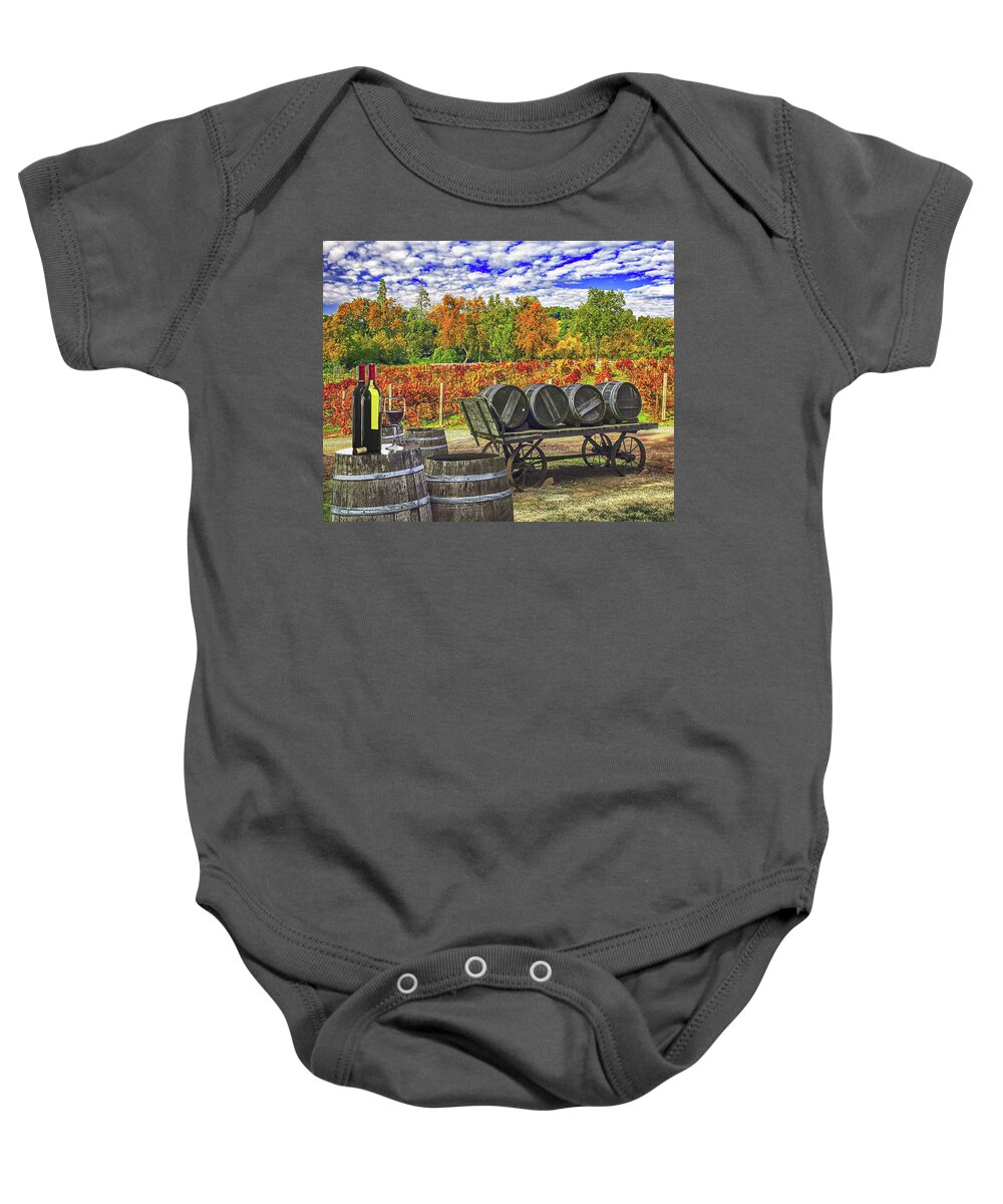 Barrels Baby Onesie featuring the photograph BOTTLES AND WINE BARRELS, California by Don Schimmel