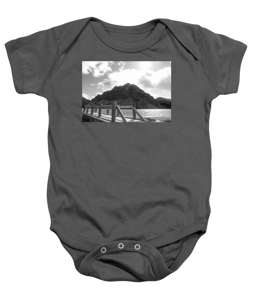 Bow Lake Bridge Sunflare Baby Onesie featuring the photograph Bow Lake Bridge Black And White by Dan Sproul