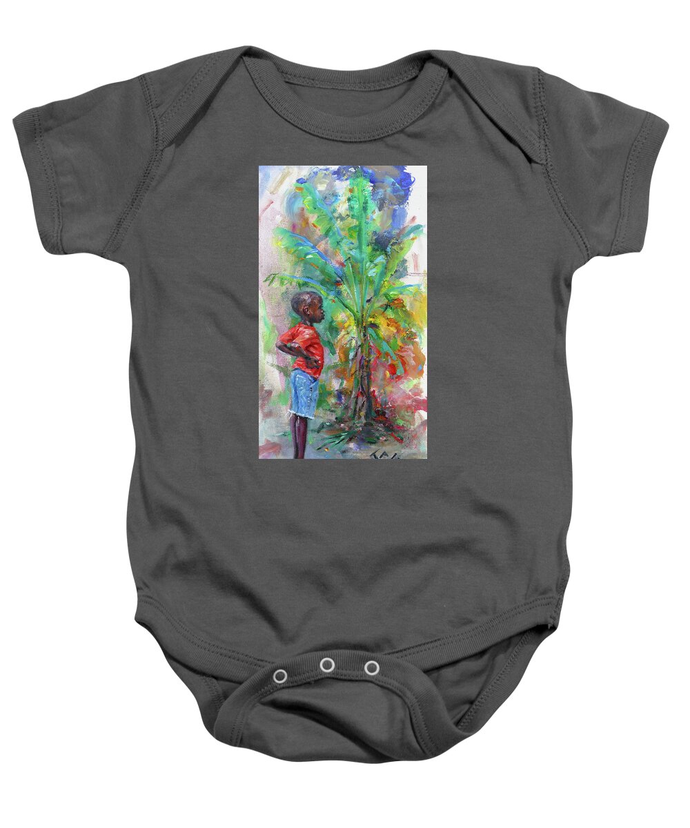 Caribbean Baby Onesie featuring the painting Boy in Orange Shirt by Jonathan Gladding