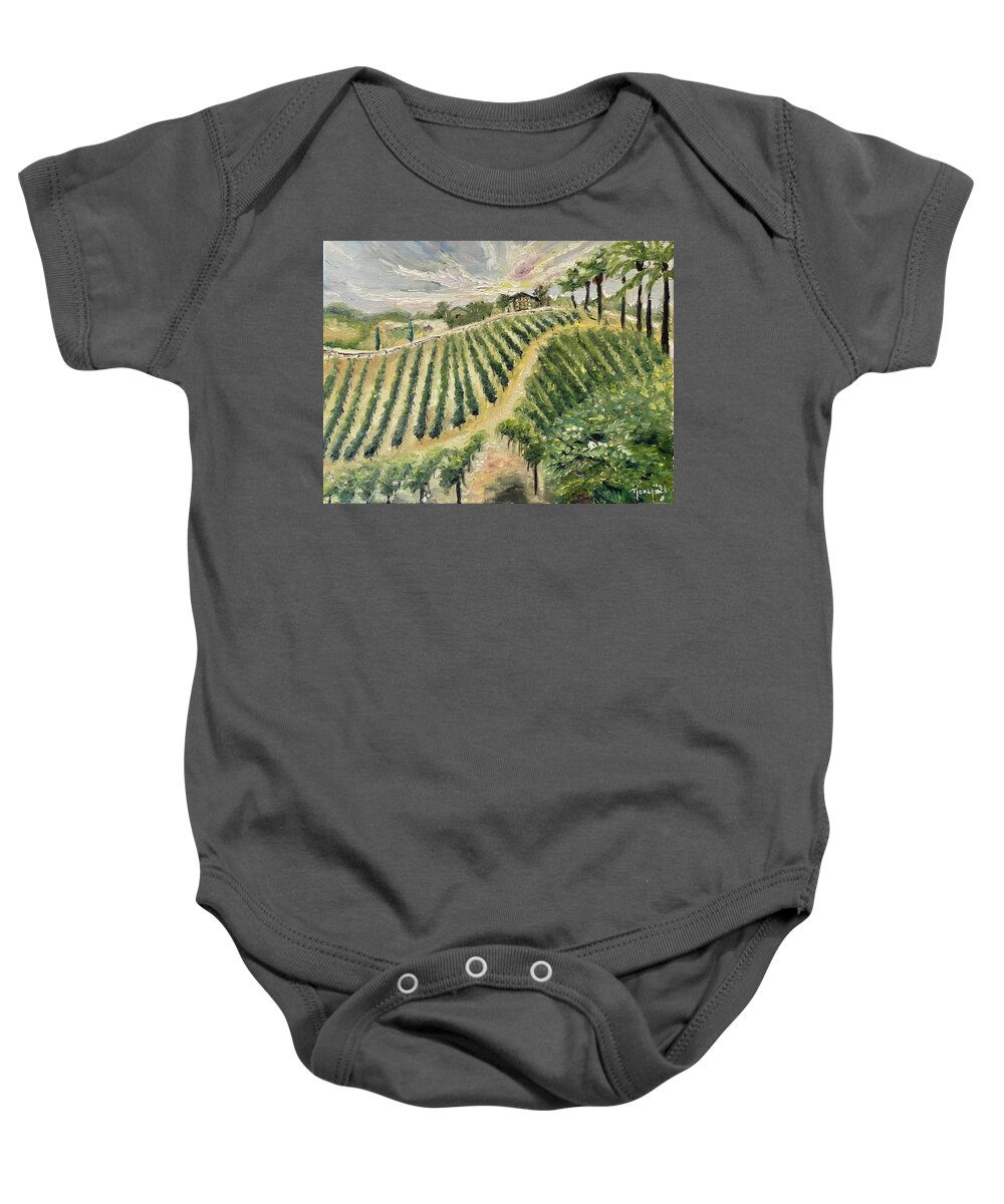 Vineyard Baby Onesie featuring the painting Brendas View at Lorenzi Estate Winery in Temecula by Roxy Rich