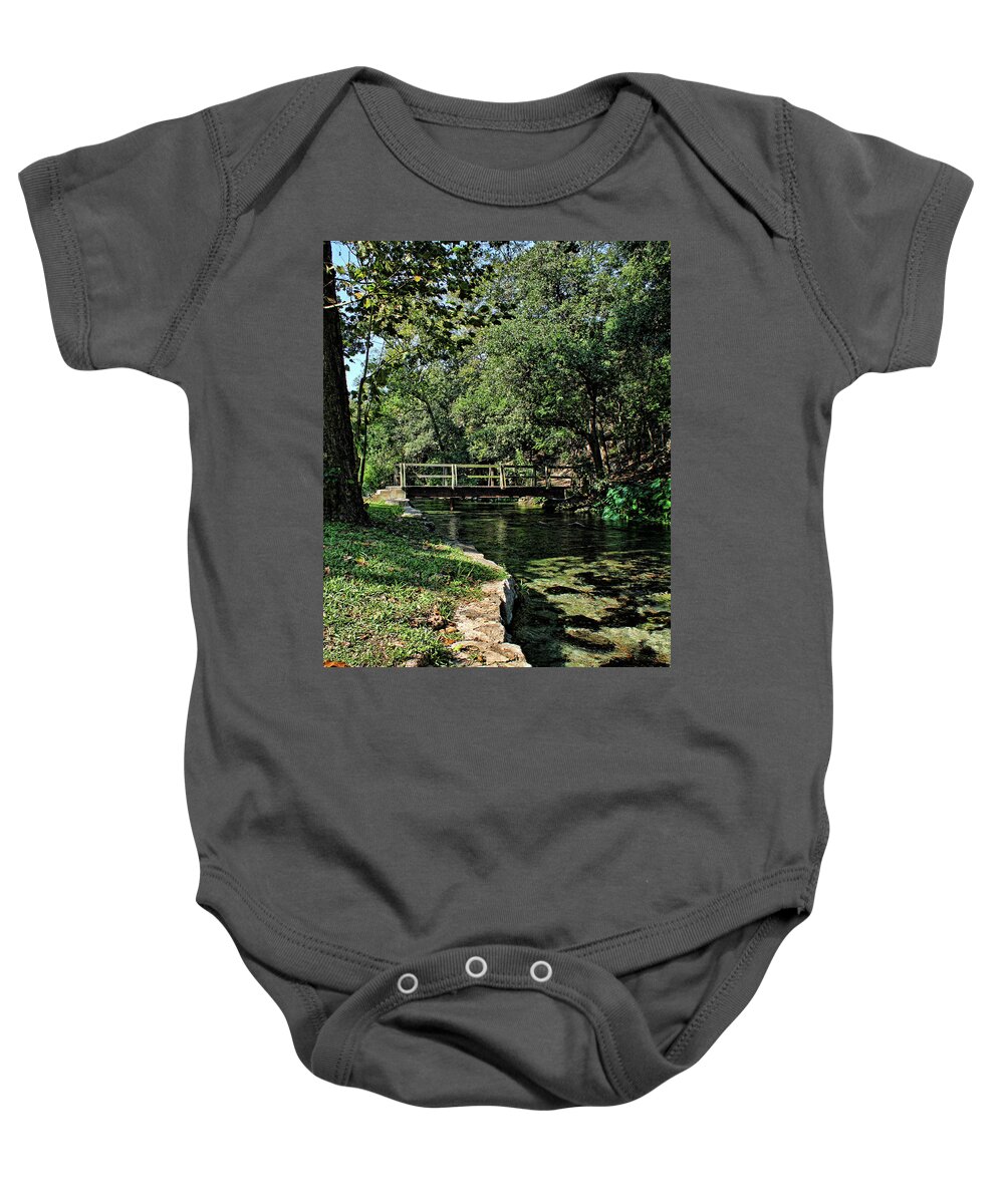 New Braunfels Baby Onesie featuring the photograph Bridge of Serenity by Judy Vincent
