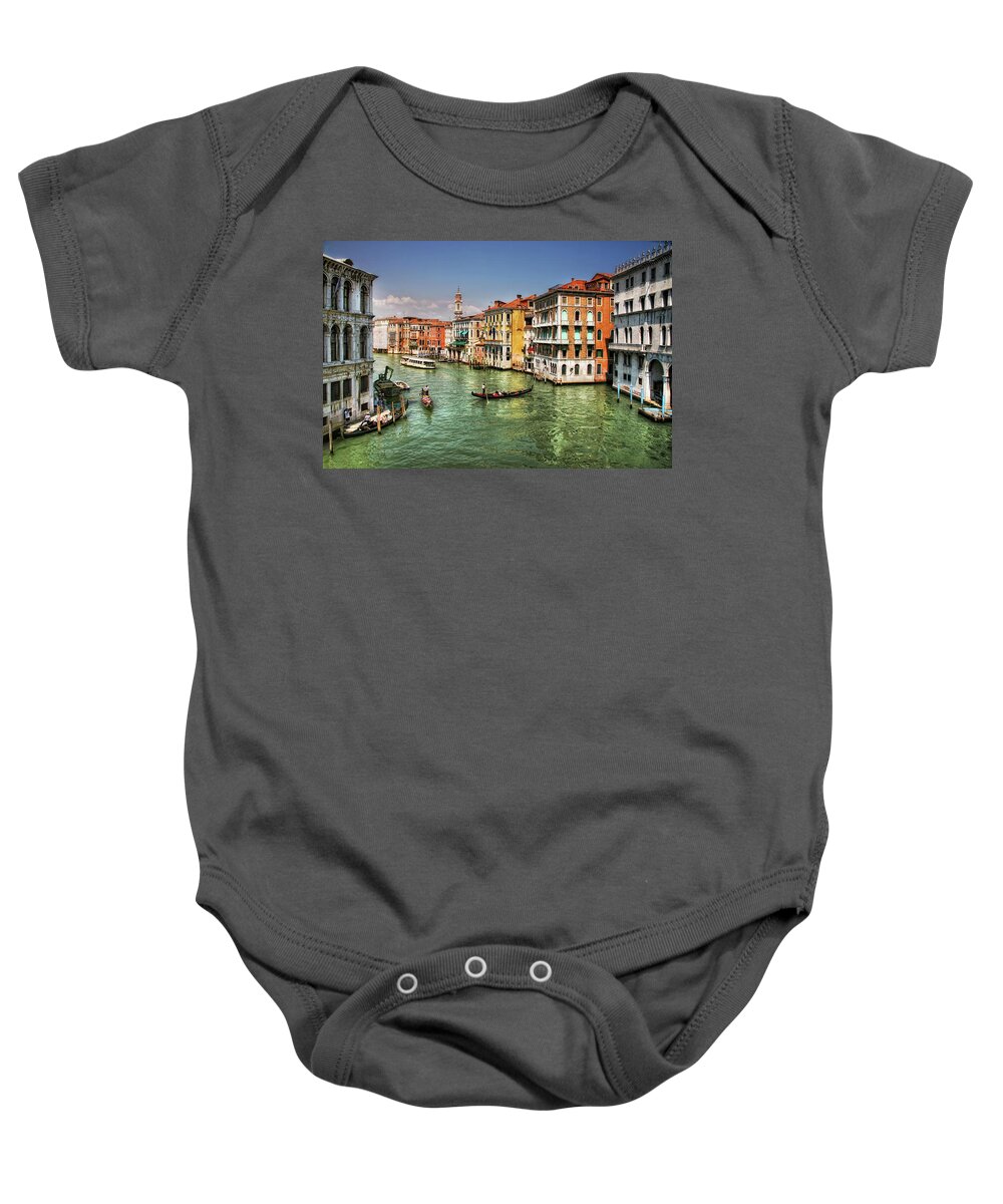 #venice #italy #canal #galagan #edgalagan #edwardgalagan #gondola #instagram #boat #artphotography #canon #sun #sky #art #photography #top10 #building #pier #dock #wharf #water #watertram Baby Onesie featuring the photograph Bright Day In Venice by Edward Galagan