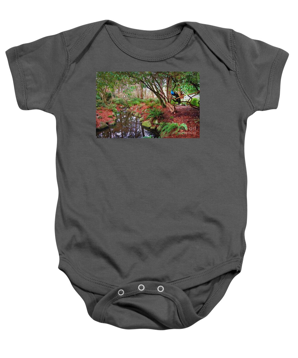 Peacock Baby Onesie featuring the photograph Brilliant Blue by Kimberly Furey