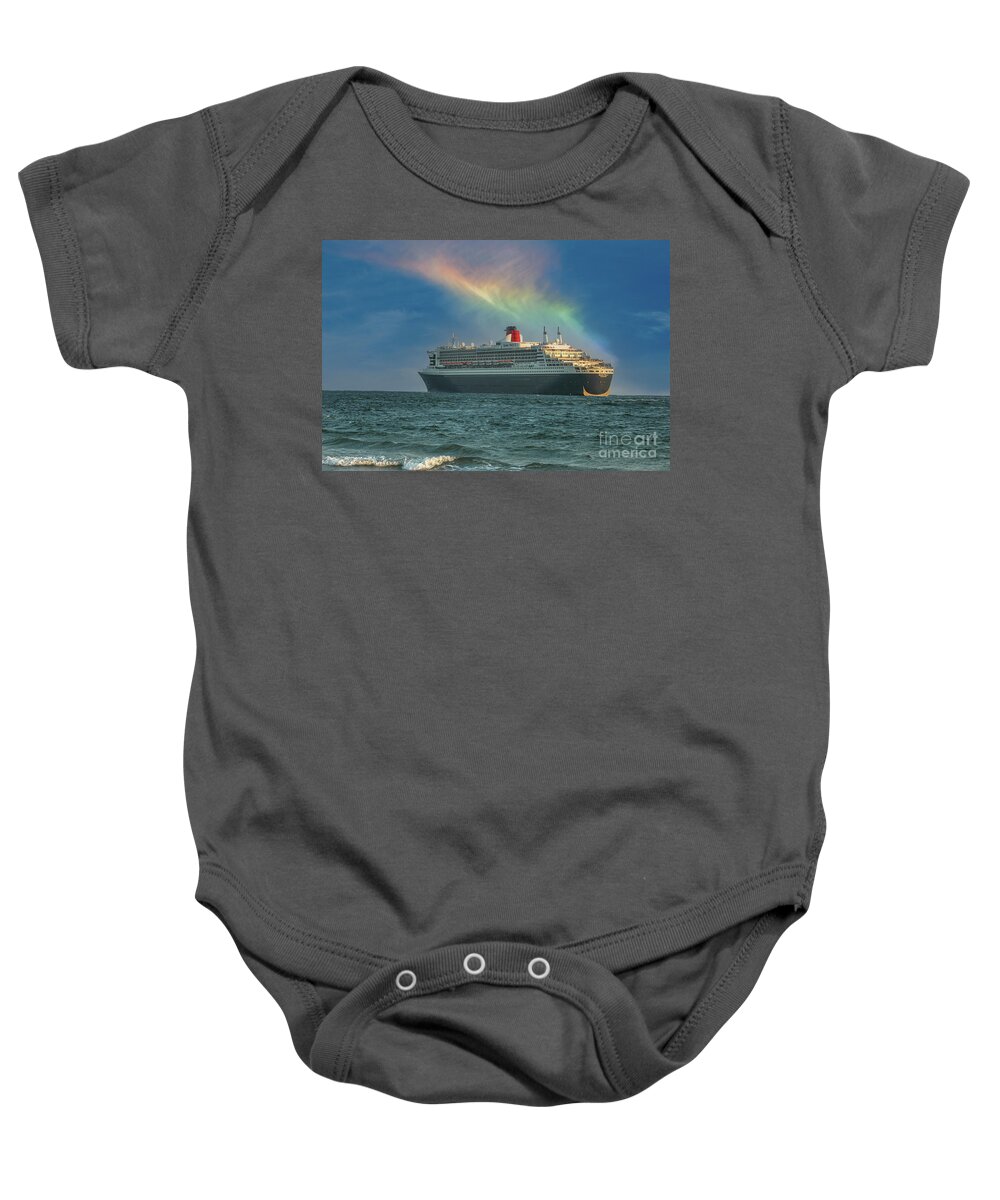 Queen Mary Ii Baby Onesie featuring the photograph British Transatlantic Ocean Liner Leaving Charleston South Carolina June 7 2006 by Dale Powell