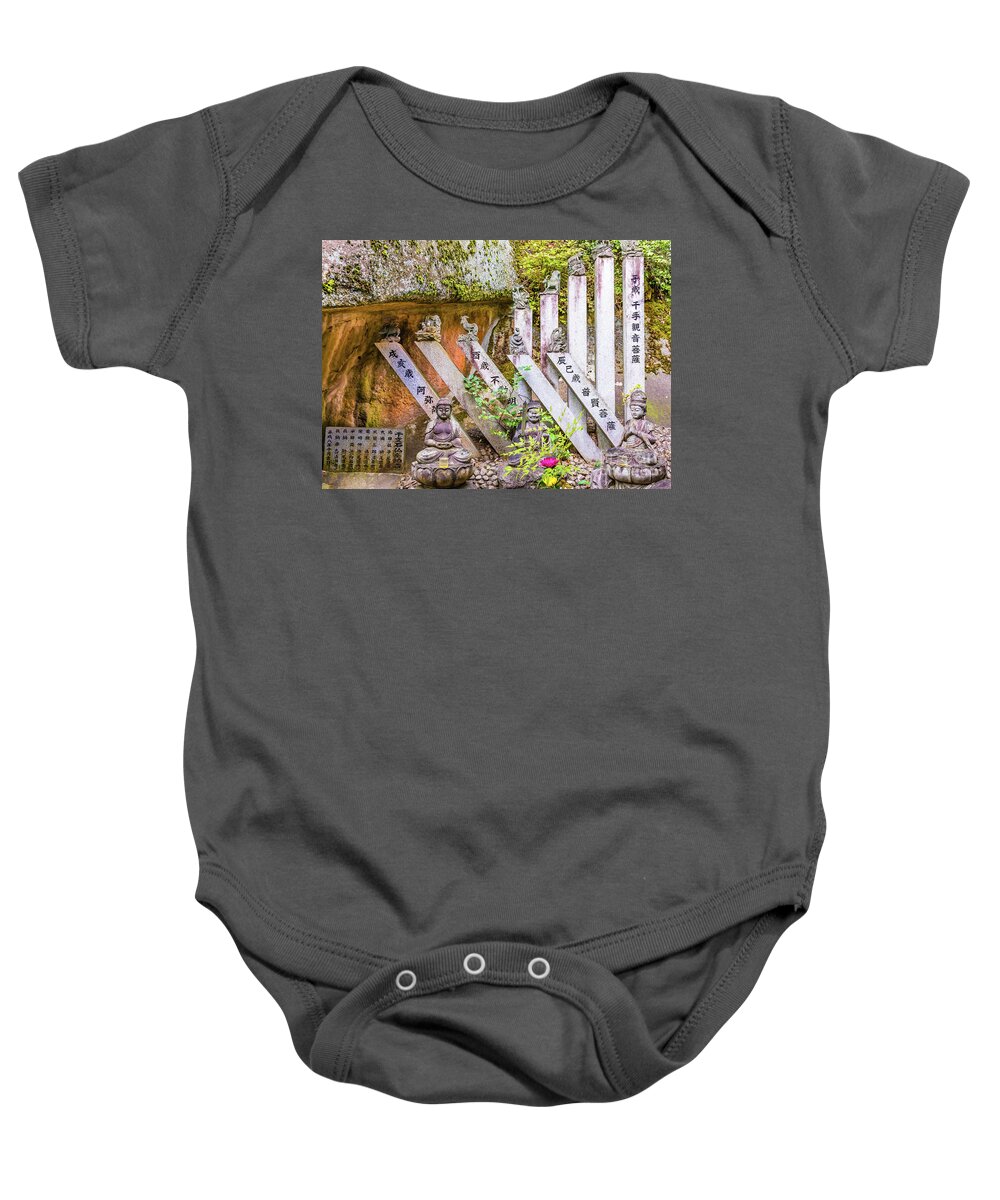 Buddha Baby Onesie featuring the photograph Buddha statues at Senko-ji temple by Lyl Dil Creations