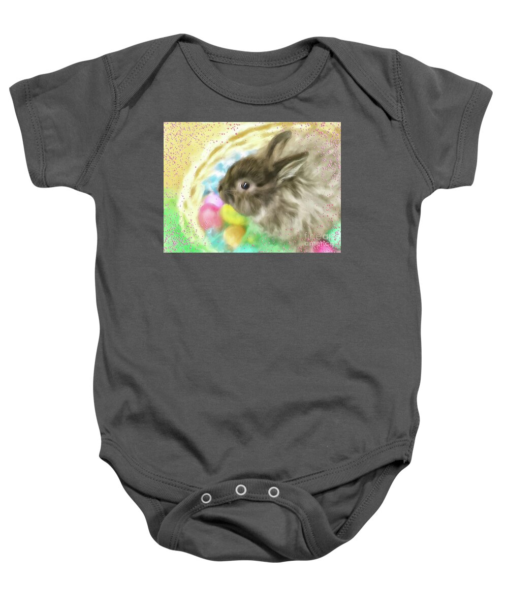 Animal Baby Onesie featuring the digital art Bunny In A Basket by Lois Bryan