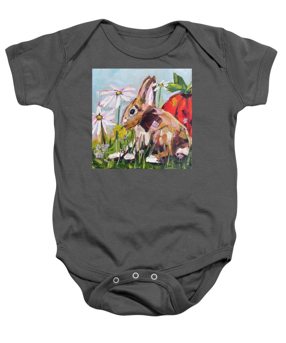 Bunny Baby Onesie featuring the painting Bunny in the Garden by Roxy Rich