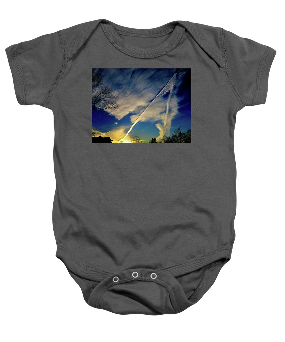 Dusk Baby Onesie featuring the photograph Busy Winter Sky at Dusk - One by Linda Stern