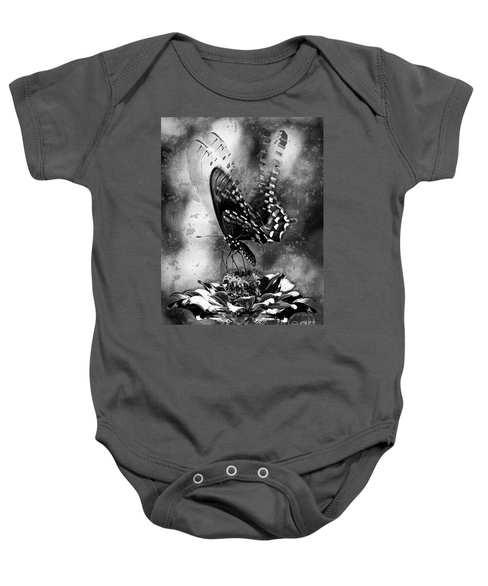 Butterfly Baby Onesie featuring the digital art Butterfly And Flower - Black And White by Anthony Ellis