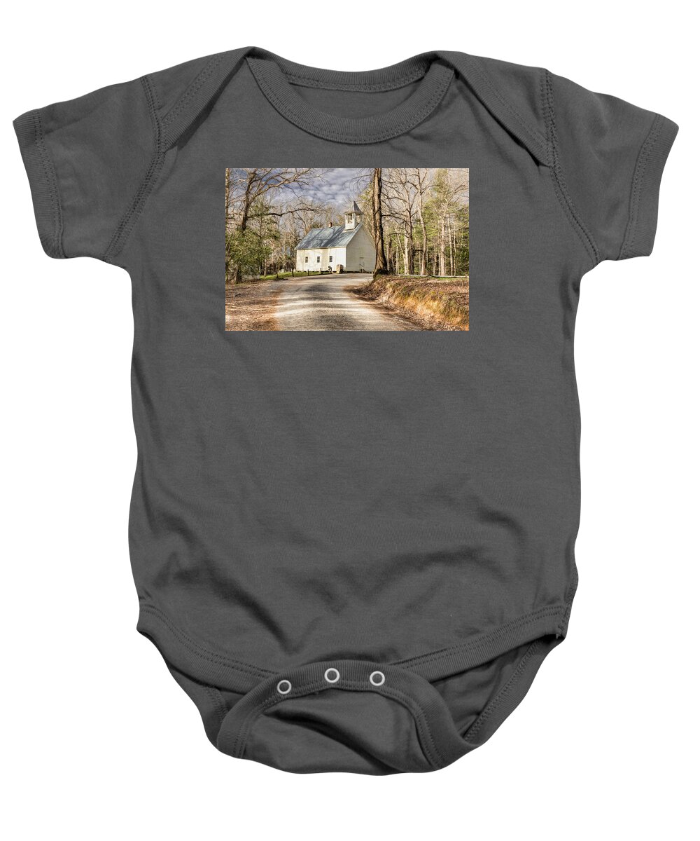 Cades Cove Baby Onesie featuring the photograph Cades Cove Church in Winter by Marcy Wielfaert
