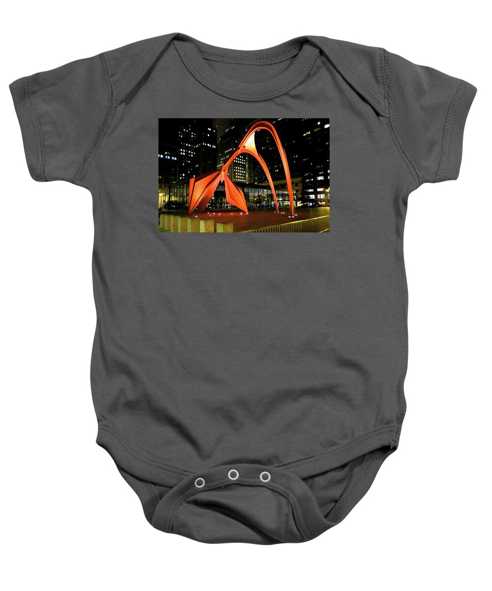 Architecture Baby Onesie featuring the photograph Calder Flamingo Sculpture Chicago Night by Patrick Malon
