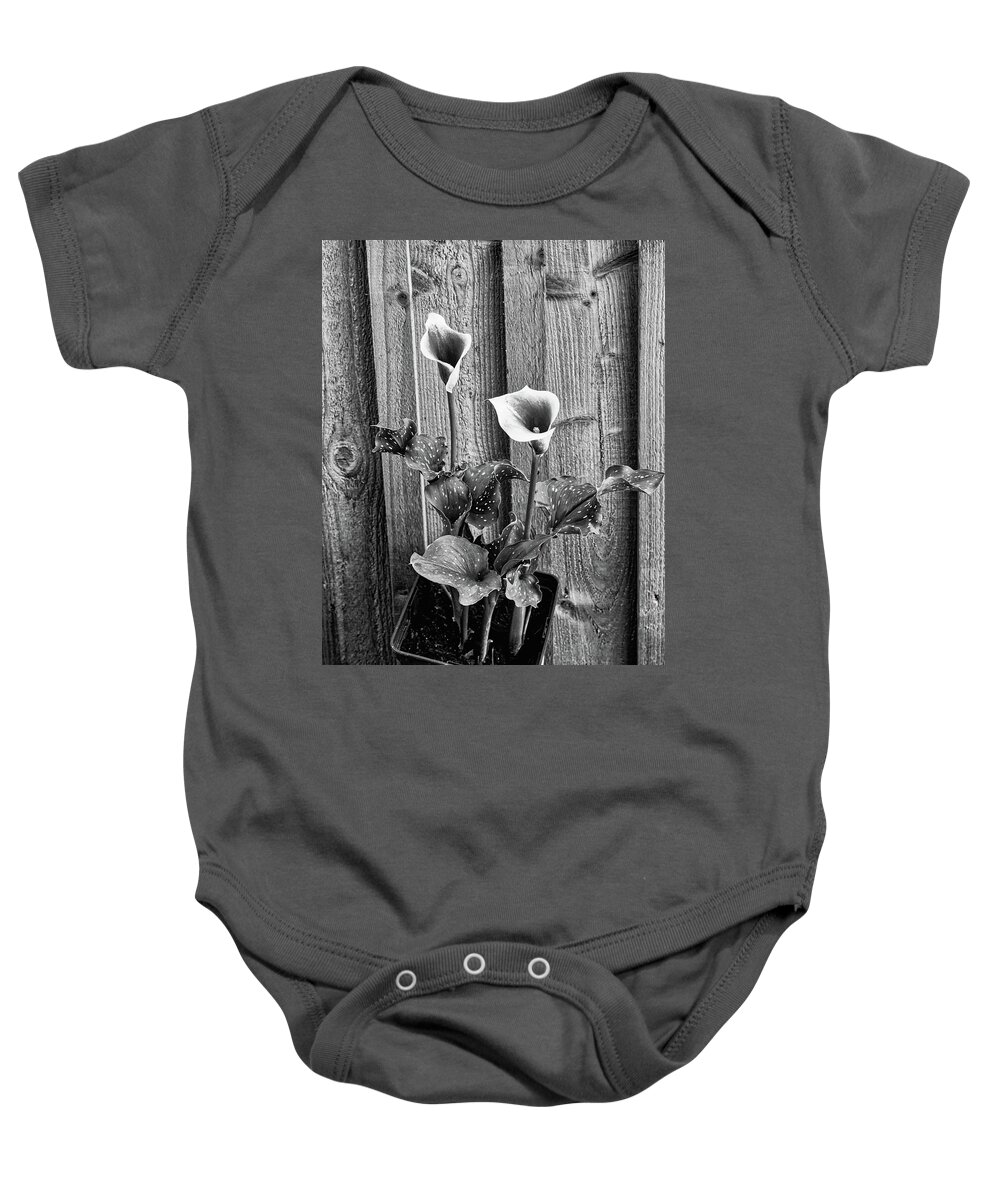 Calla Baby Onesie featuring the photograph Calla Lilies Black And White by Jeff Townsend