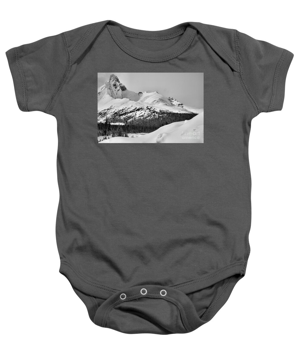 Canadian Baby Onesie featuring the photograph Canadian Rockies Winter Peak Black And White by Adam Jewell