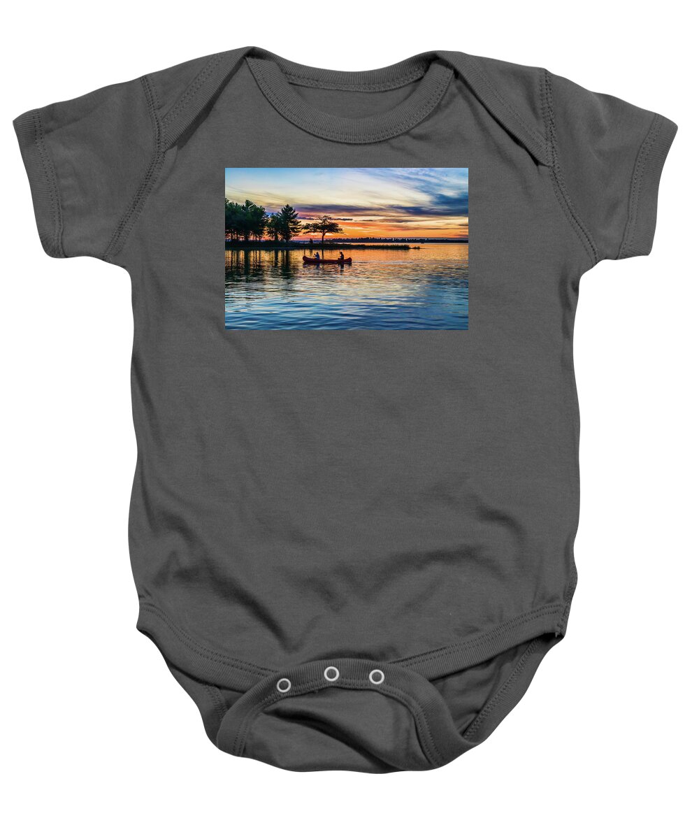 Higgins Lake Baby Onesie featuring the photograph Canoe at Sunset by Joe Holley