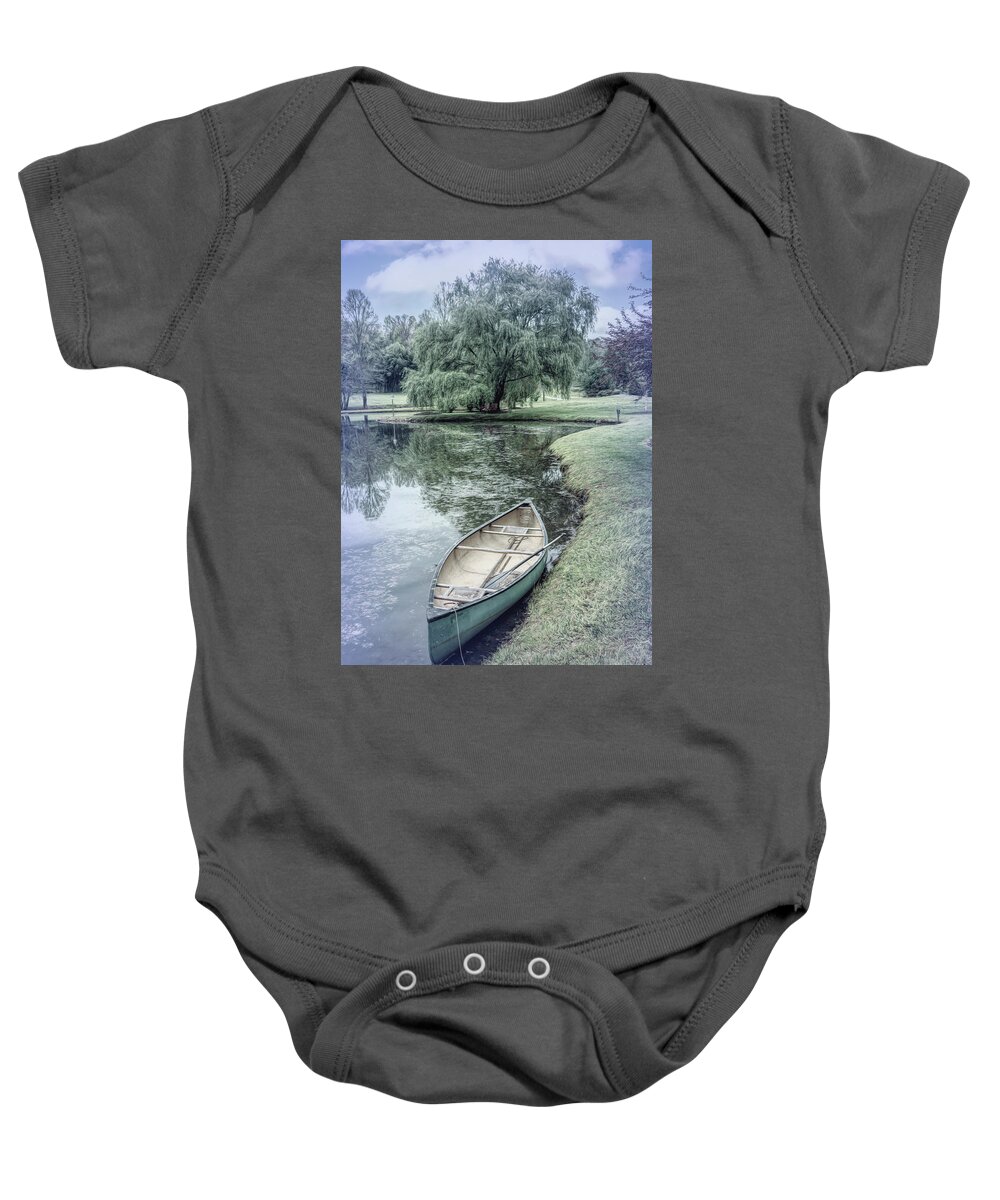 Boats Baby Onesie featuring the photograph Canoe in Spring in Blues by Debra and Dave Vanderlaan