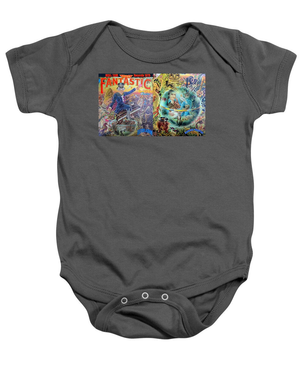 Rock And Roll Baby Onesie featuring the mixed media Captain Fantastic and the Brown Dirt Cowboy 1975 album cover front and back by David Lee Thompson