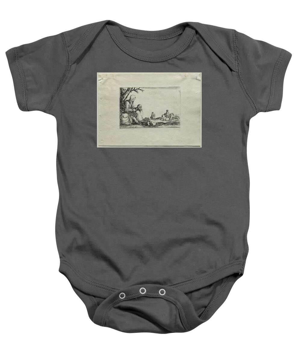 Antique Baby Onesie featuring the painting Caprices Seated Beggar Woman with Two Children c. 1642 Stefano Della Bella by MotionAge Designs