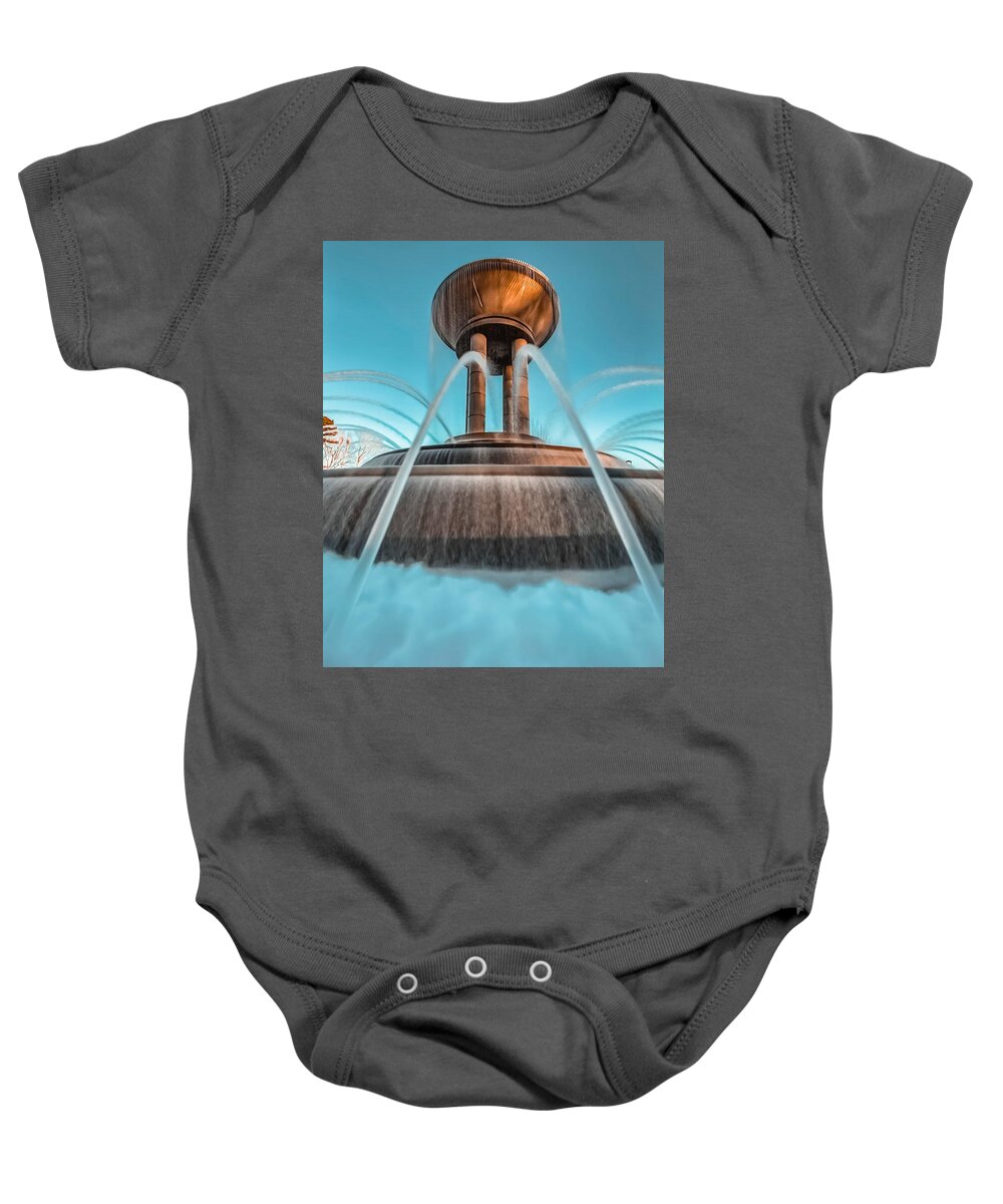 Cary Baby Onesie featuring the photograph Cary Water Fountain by Rick Nelson