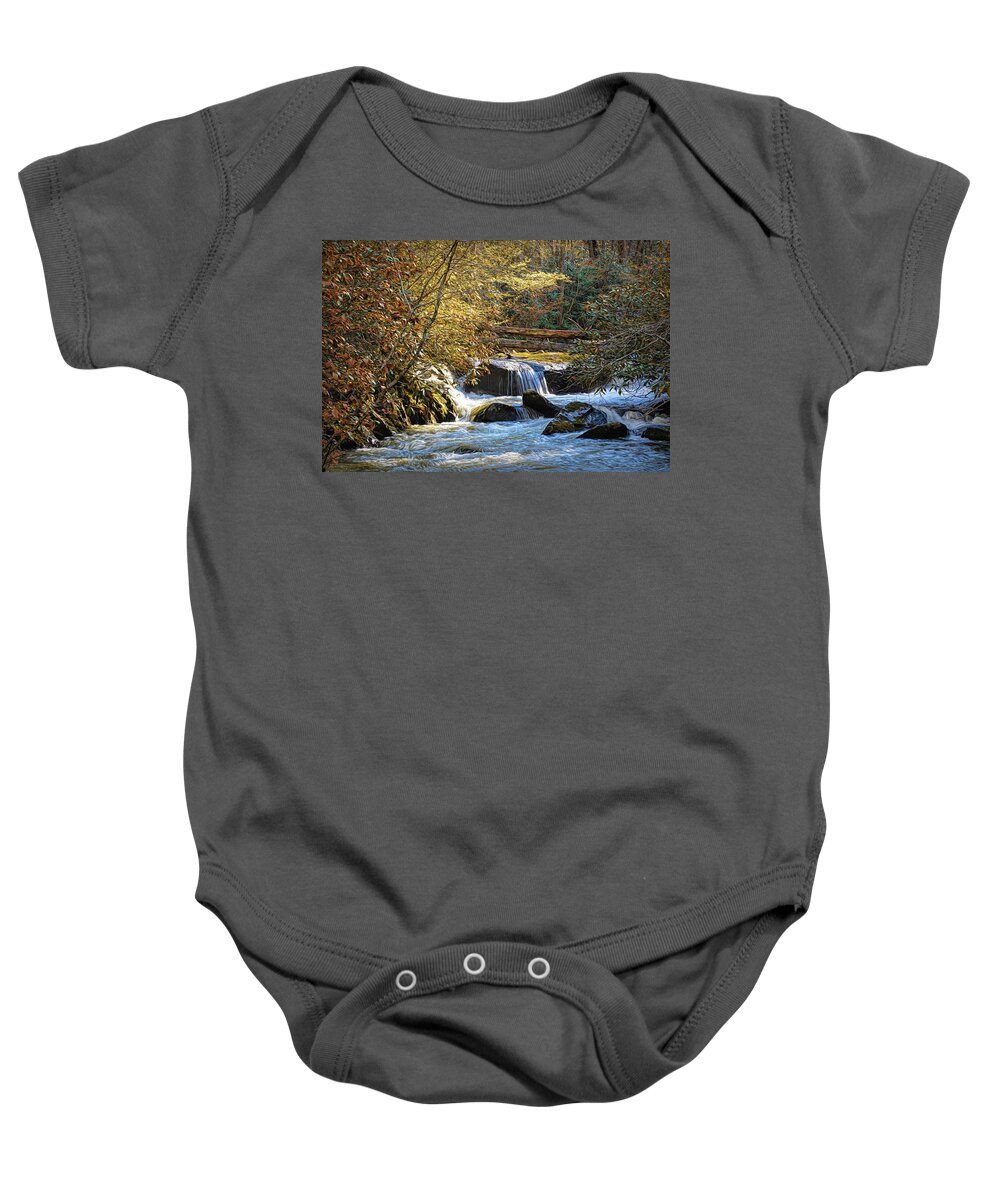 Carolina Baby Onesie featuring the photograph Cascading Waters in the Autumn Mountains by Debra and Dave Vanderlaan