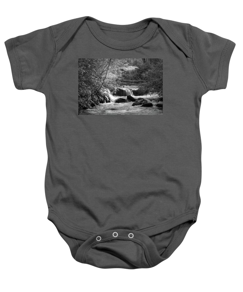 Black Baby Onesie featuring the photograph Cascading Waters in the Mountains Black and White by Debra and Dave Vanderlaan