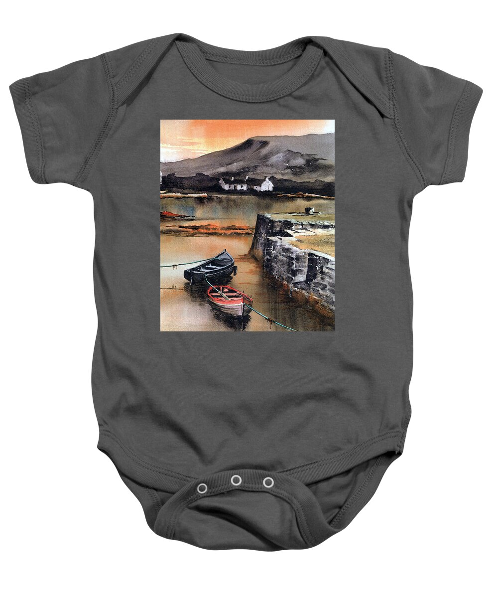 Galway Baby Onesie featuring the painting Cashel Pier, Connemara by Val Byrne