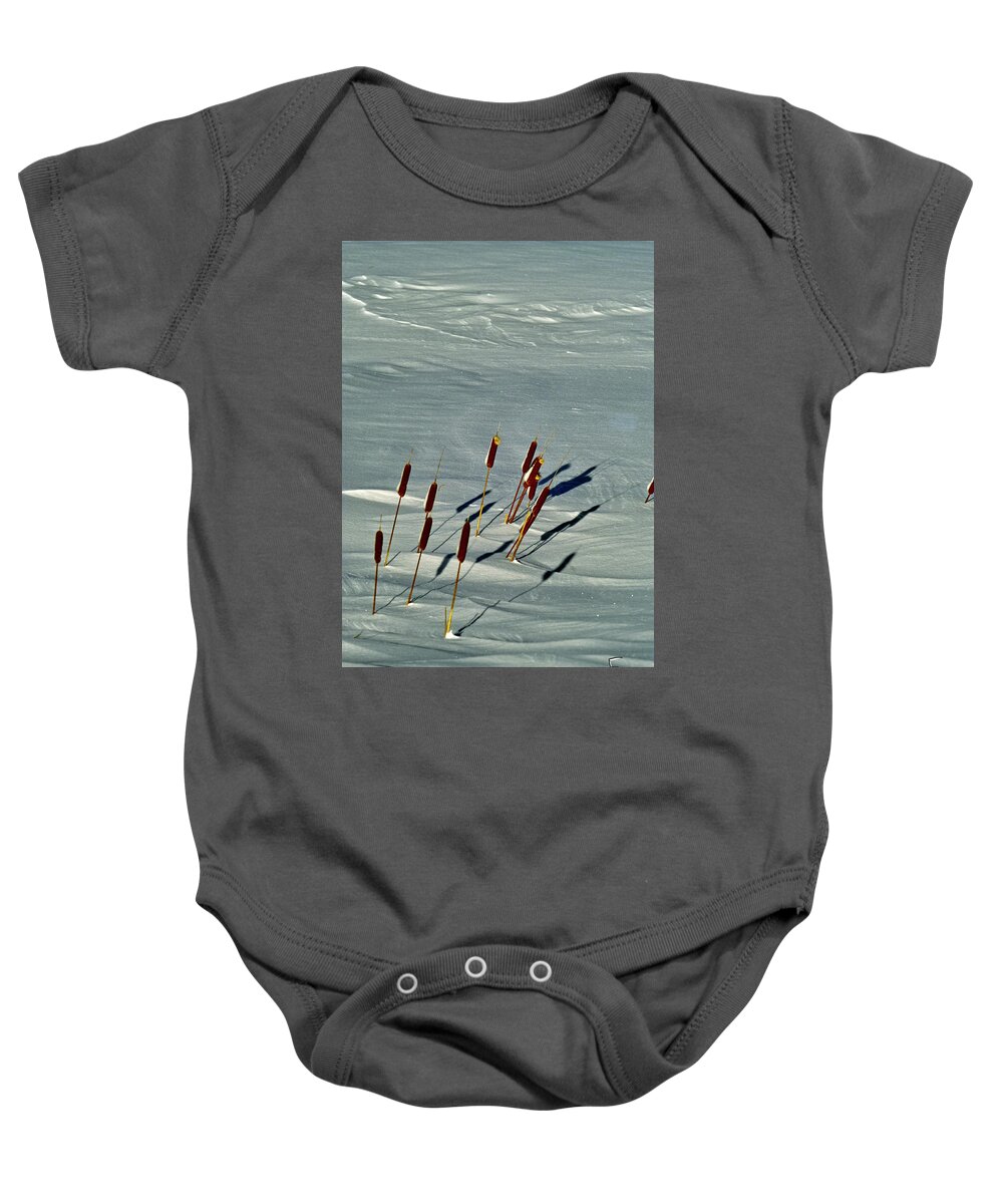 Snow Baby Onesie featuring the photograph Cattails in the Snow I by Theresa Fairchild