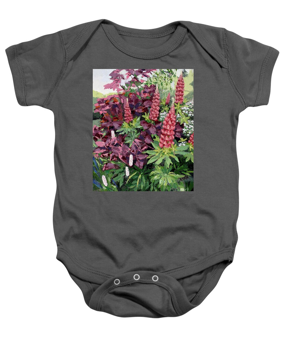 Oil Painting Baby Onesie featuring the painting Cawdor Castle Lupins, 2015 by PJ Kirk