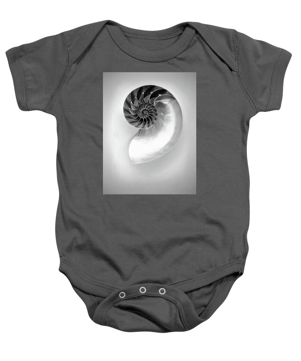 Nautilus Shell Baby Onesie featuring the photograph Chambered Nautilus Shell in Monochrome by Susan Maxwell Schmidt