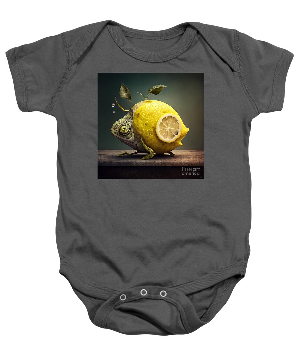 Chameleon Baby Onesie featuring the mixed media Chameleon in yellow by Binka Kirova