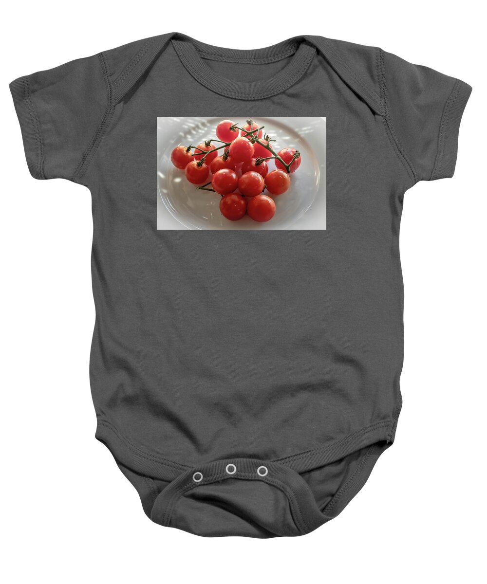 Cherry Tomatoes Baby Onesie featuring the photograph Cherry Tomatoes by Alison Frank