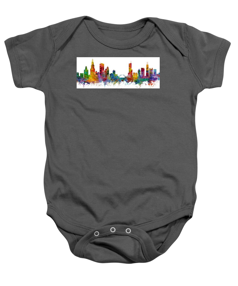 Chicago Baby Onesie featuring the digital art Chicago Illinois Skyline Custom Panoramic by Michael Tompsett