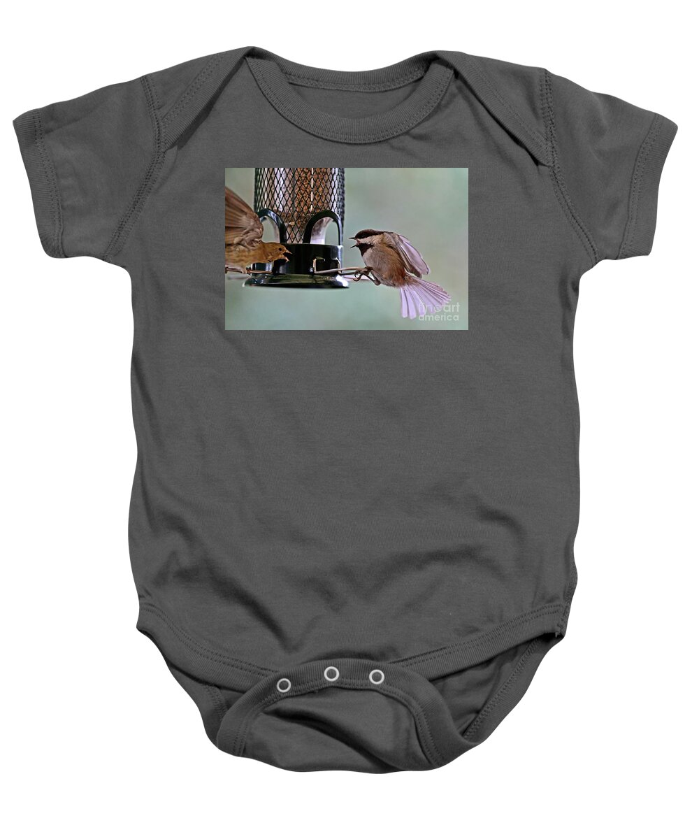 Chickadee Baby Onesie featuring the photograph Chickadee Fighting House Finch by Amazing Action Photo Video