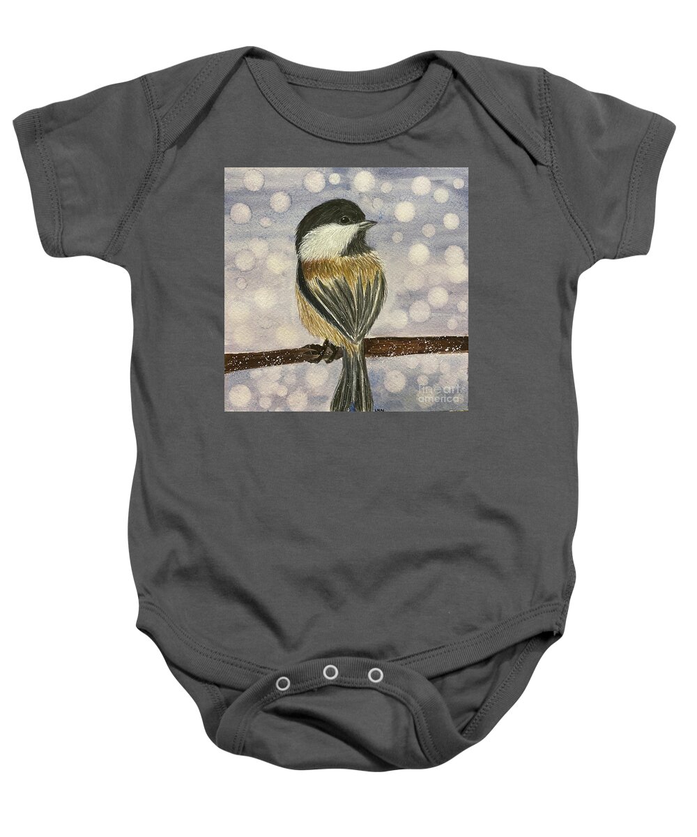 Chickadee Baby Onesie featuring the painting Chickadee In Snow by Lisa Neuman