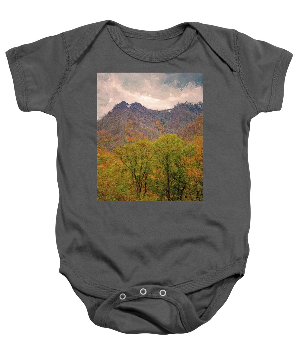 Chimney Tops In Autumn Baby Onesie featuring the painting Chimey Tops Smokies Painting by Dan Sproul