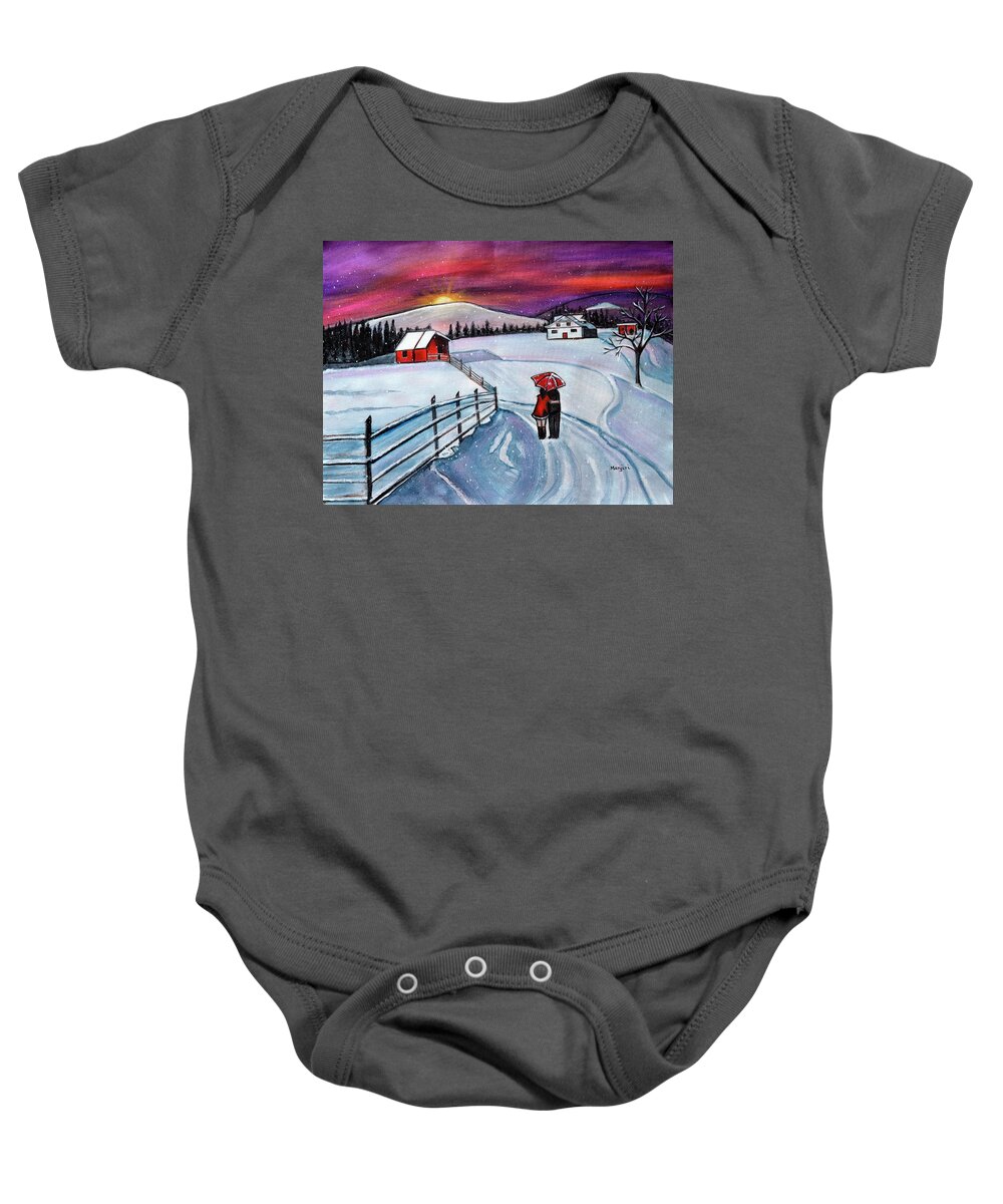 Romance Baby Onesie featuring the painting Christmas Romance in the snow acrylic winter painting by Manjiri Kanvinde