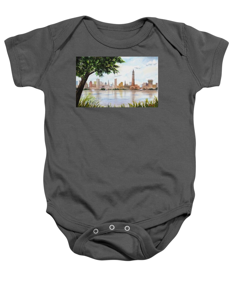 City Baby Onesie featuring the painting City Across the River by Joseph Burger