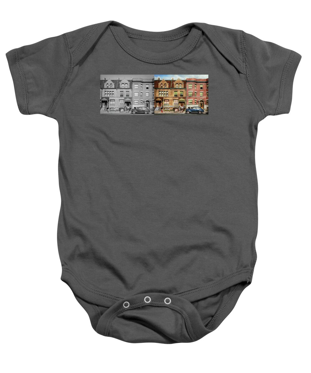 Chicago Baby Onesie featuring the photograph City - Chicago, IL - Can you come out to play 1941 - Side by Side by Mike Savad