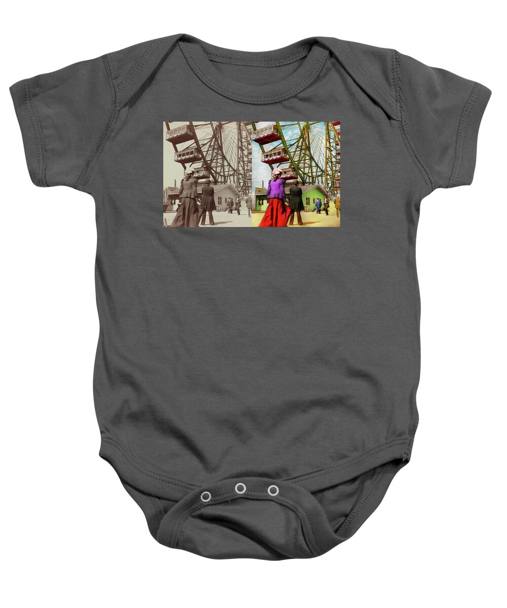 Chicago Baby Onesie featuring the photograph City - Chicago,IL - Fair - The first Ferris Wheel 1893 - Side by Side by Mike Savad