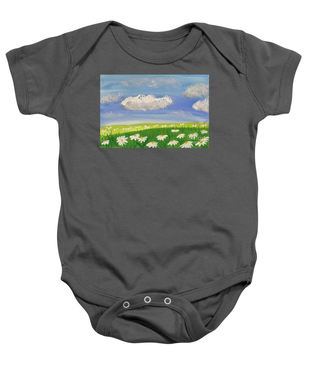 Daisies Baby Onesie featuring the mixed media Clouds and Daises by Lisa Neuman