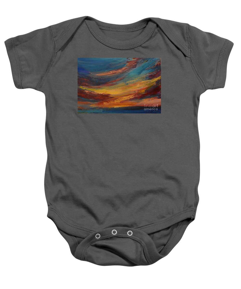 Nature Baby Onesie featuring the painting Clouds come floating into my life, to add color to my sunset sky detail by Leonida Arte