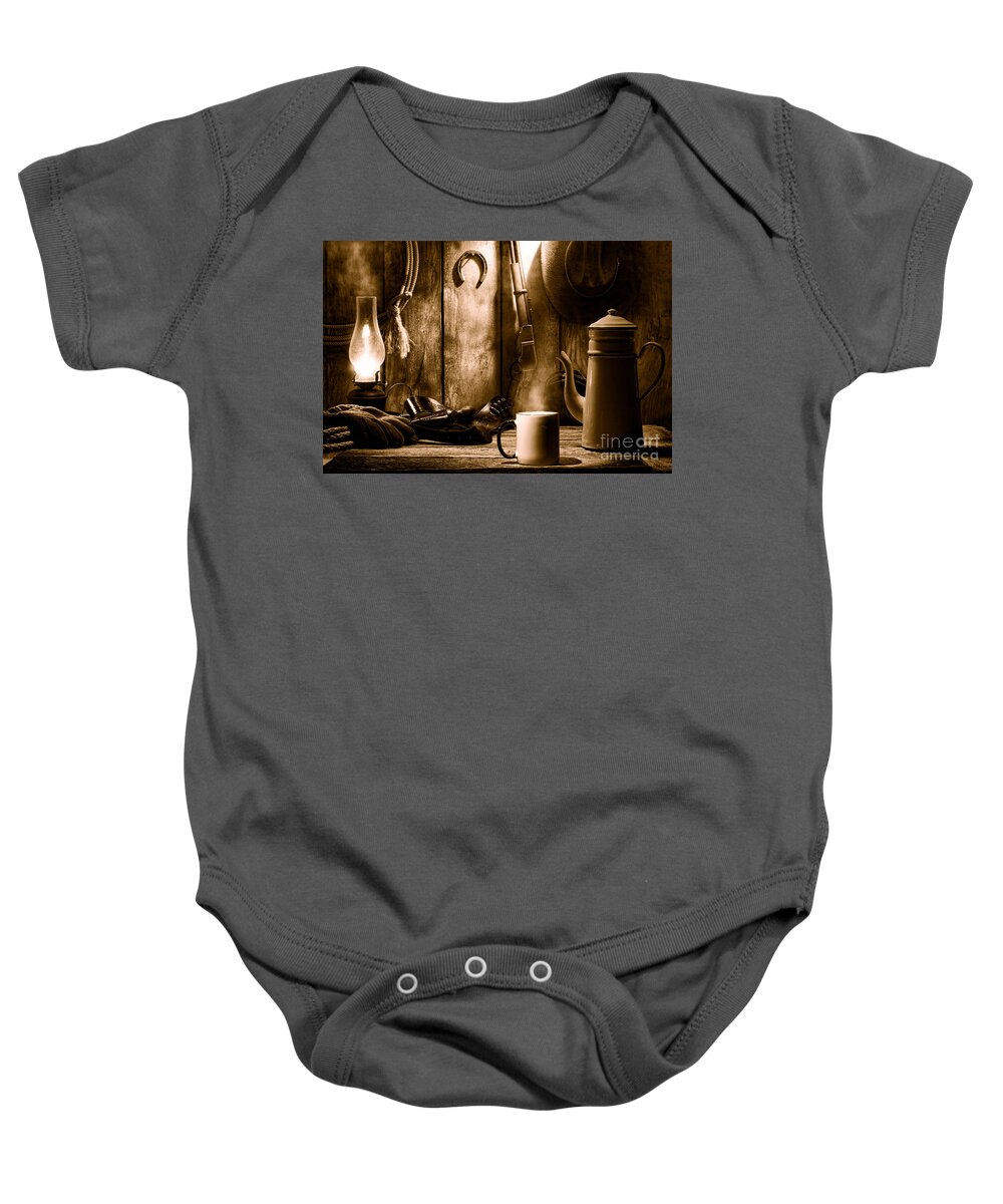 Antique Baby Onesie featuring the photograph Coffee at the Cabin - Sepia by Olivier Le Queinec