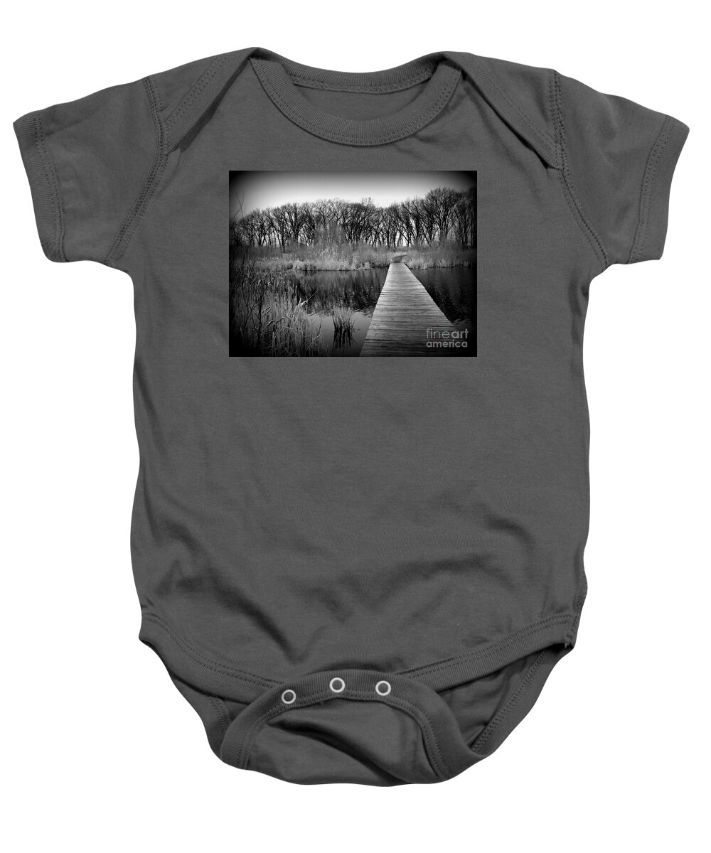 Black And White Baby Onesie featuring the photograph Cold Day at the Water - Holga Effect by Frank J Casella