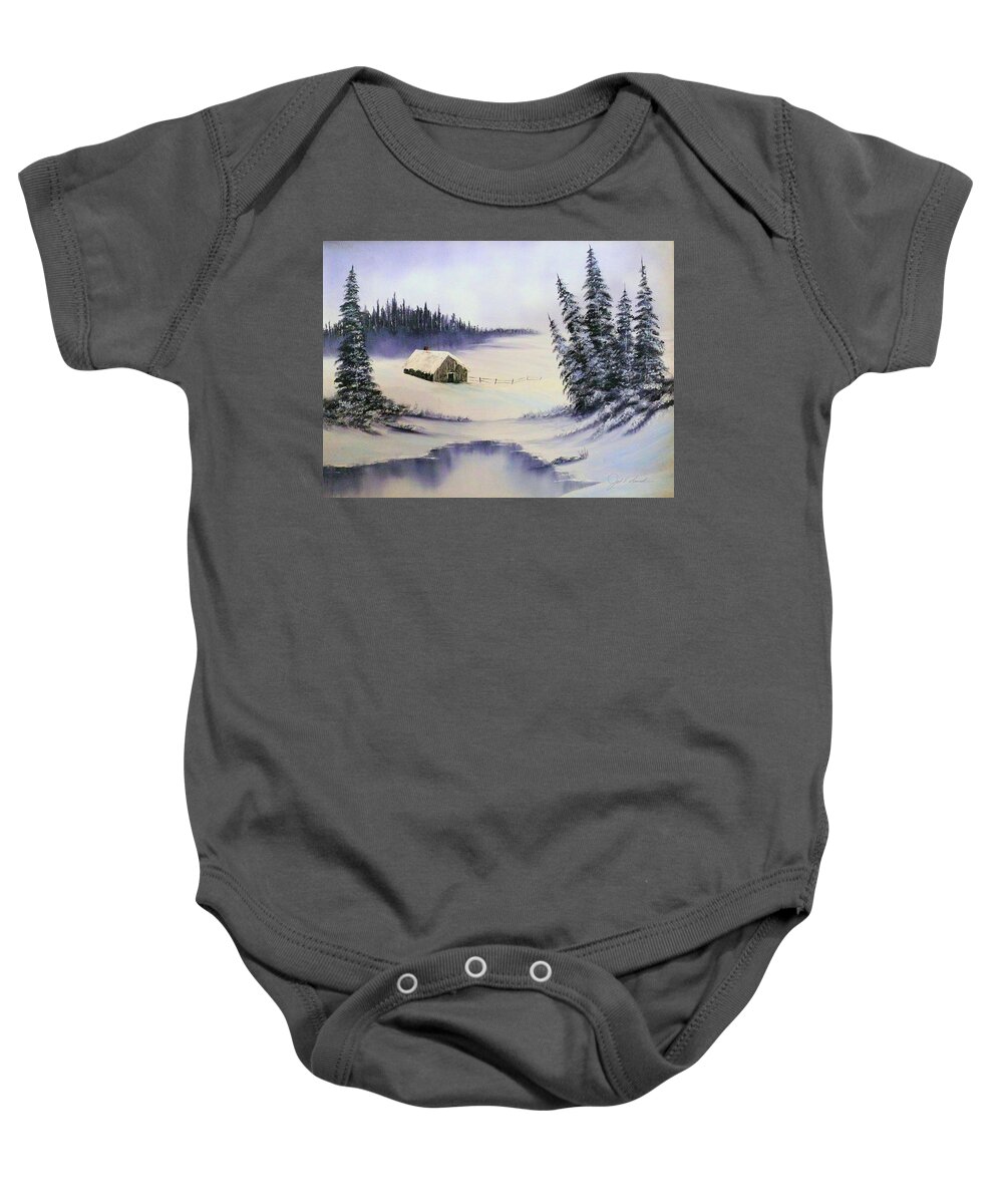Barn Baby Onesie featuring the painting Cold Winter by Joel Smith